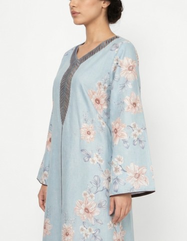 Casual Floral Linen Jalabiya with Geometric Embroidery