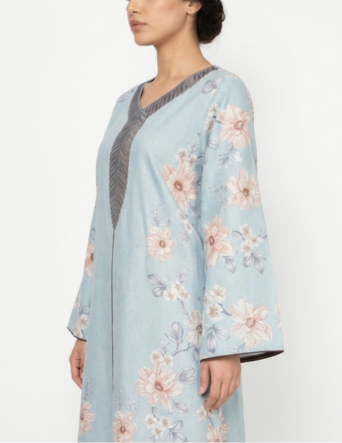 Casual Floral Linen Jalabiya with Geometric Embroidery