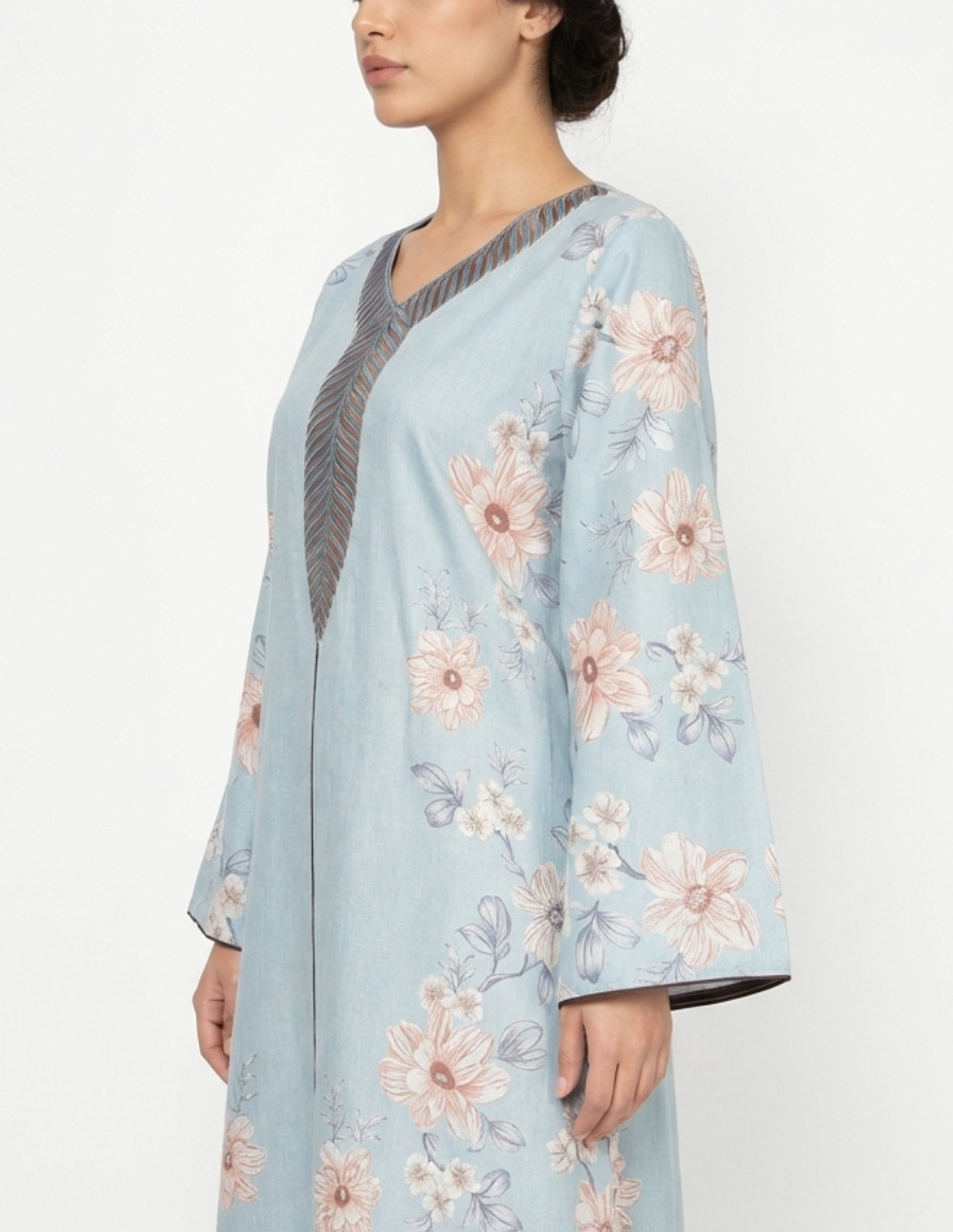 Casual Floral Linen Jalabiya with Geometric Embroidery