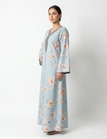 Casual Floral Linen Jalabiya with Geometric Embroidery