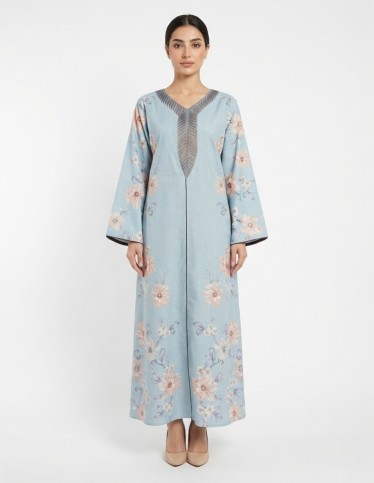 Casual Floral Linen Jalabiya with Geometric Embroidery