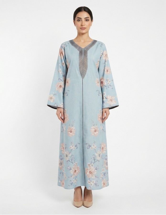 Casual Floral Linen Jalabiya with Geometric Embroidery