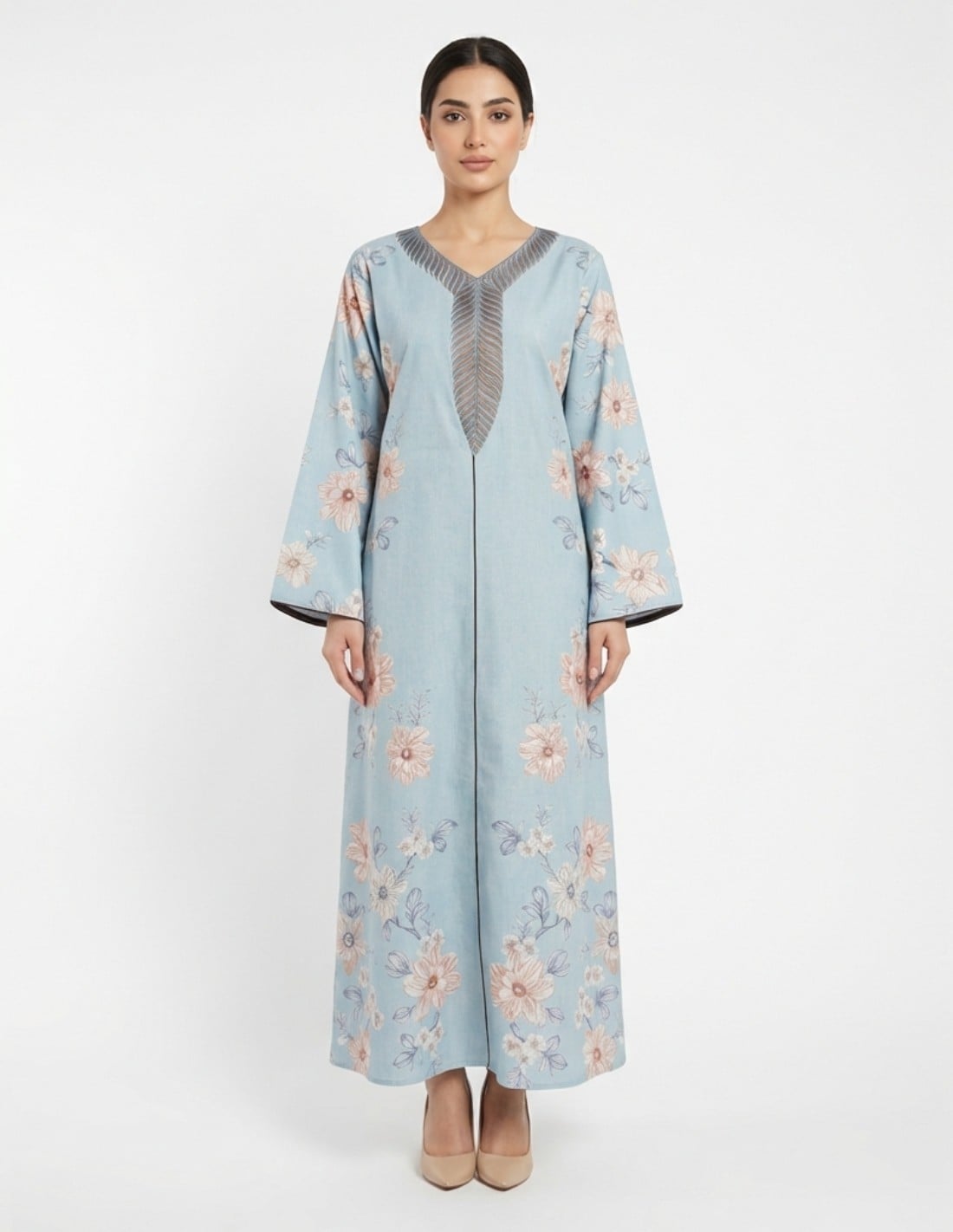 Casual Floral Linen Jalabiya with Geometric Embroidery