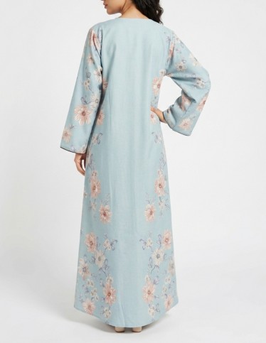Casual Floral Linen Jalabiya with Geometric Embroidery