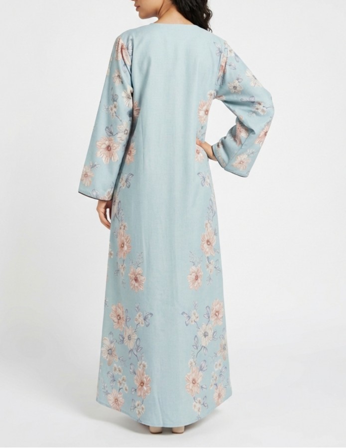 Casual Floral Linen Jalabiya with Geometric Embroidery