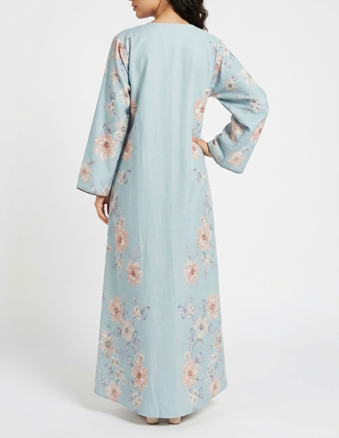 Casual Floral Linen Jalabiya with Geometric Embroidery