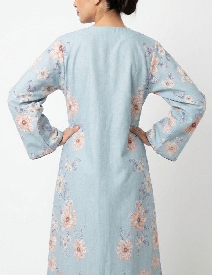 Casual Floral Linen Jalabiya with Geometric Embroidery