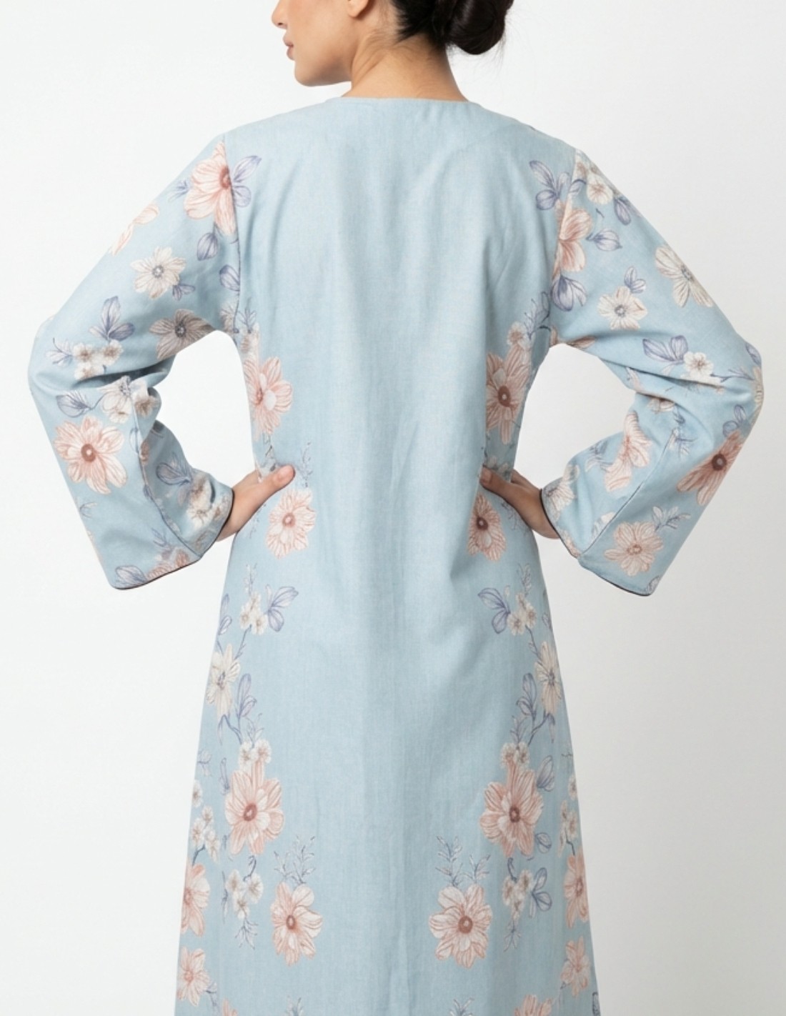 Casual Floral Linen Jalabiya with Geometric Embroidery