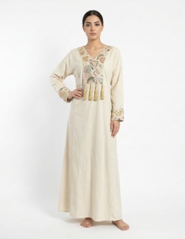 Embroidered Off-White Linen-Style Jalabiya with Decorative Tassels