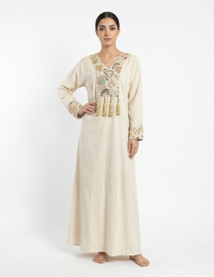 Embroidered Off-White Linen-Style Jalabiya with Decorative Tassels