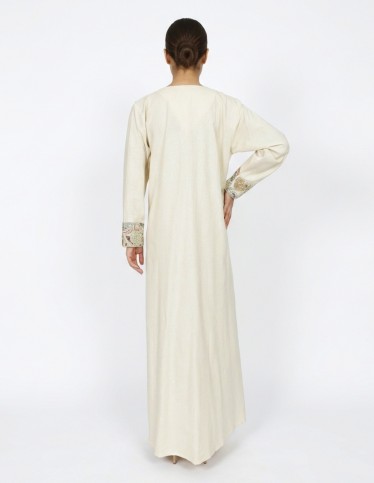 Embroidered Off-White Linen-Style Jalabiya with Decorative Tassels