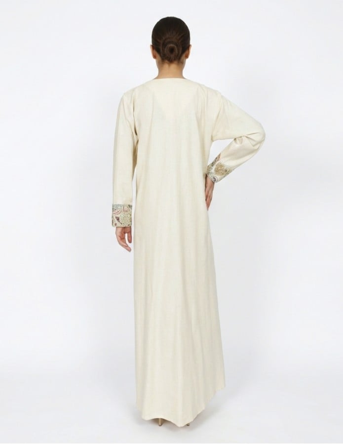 Embroidered Off-White Linen-Style Jalabiya with Decorative Tassels