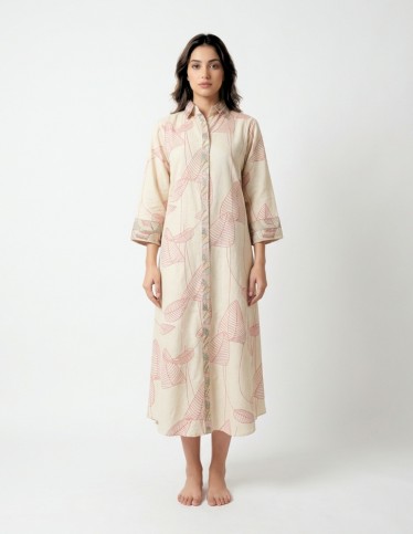 "Pure Leaf" Beige Linen Jalabiya with Leaf Prints and Geometric Embroidery
