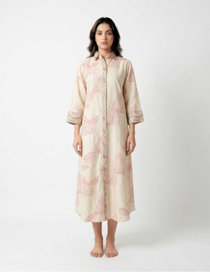 "Pure Leaf" Beige Linen Jalabiya with Leaf Prints and Geometric Embroidery