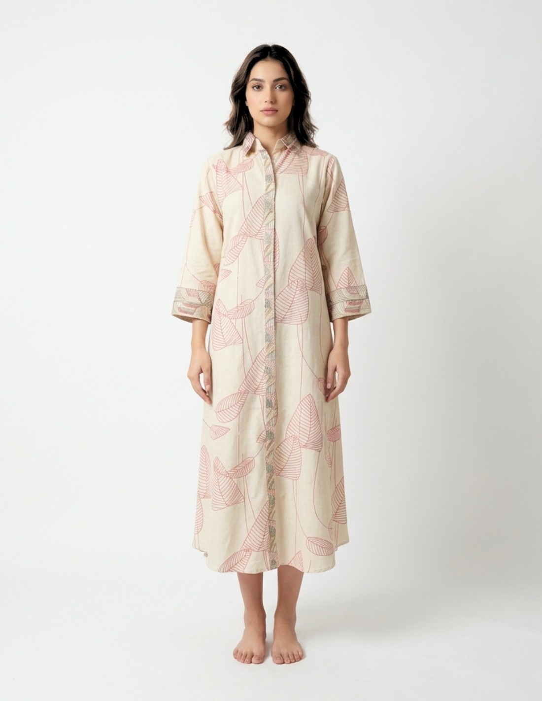 "Pure Leaf" Beige Linen Jalabiya with Leaf Prints and Geometric Embroidery