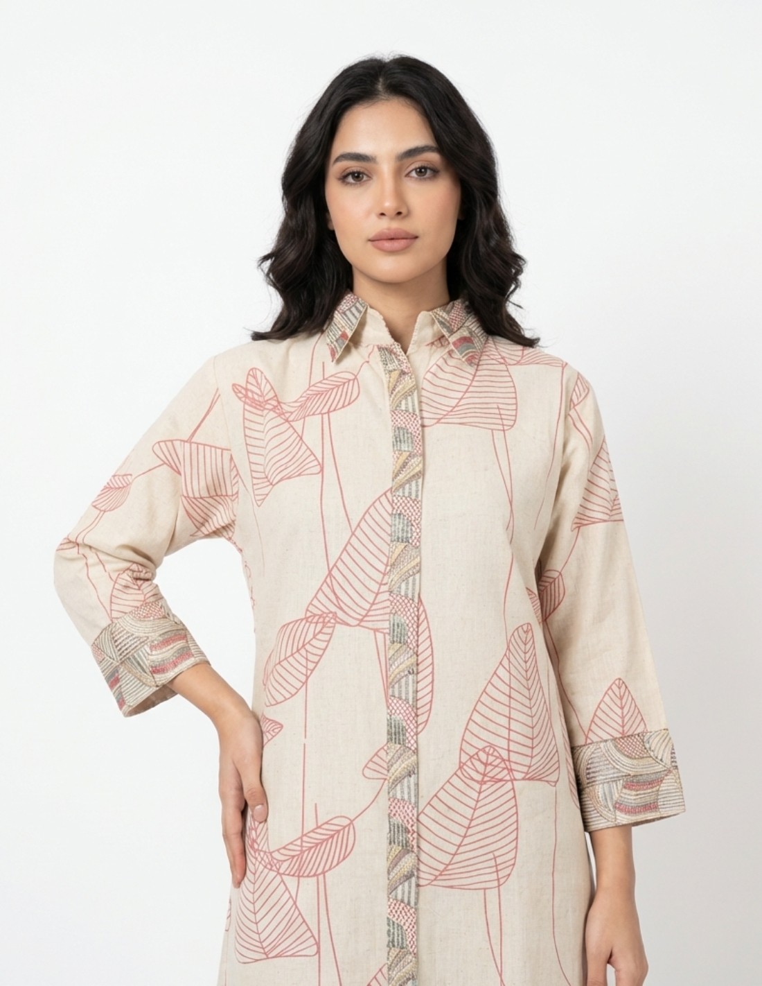 "Pure Leaf" Beige Linen Jalabiya with Leaf Prints and Geometric Embroidery