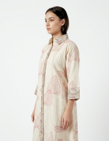 "Pure Leaf" Beige Linen Jalabiya with Leaf Prints and Geometric Embroidery
