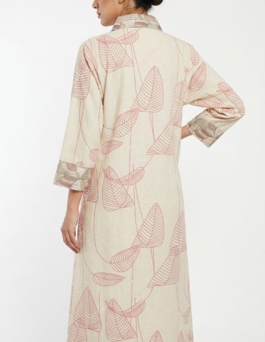 "Pure Leaf" Beige Linen Jalabiya with Leaf Prints and Geometric Embroidery