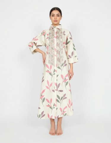 Contemporary Leaf-Print Linen-Look Jalabiya with Intricate Geometric Embroidery