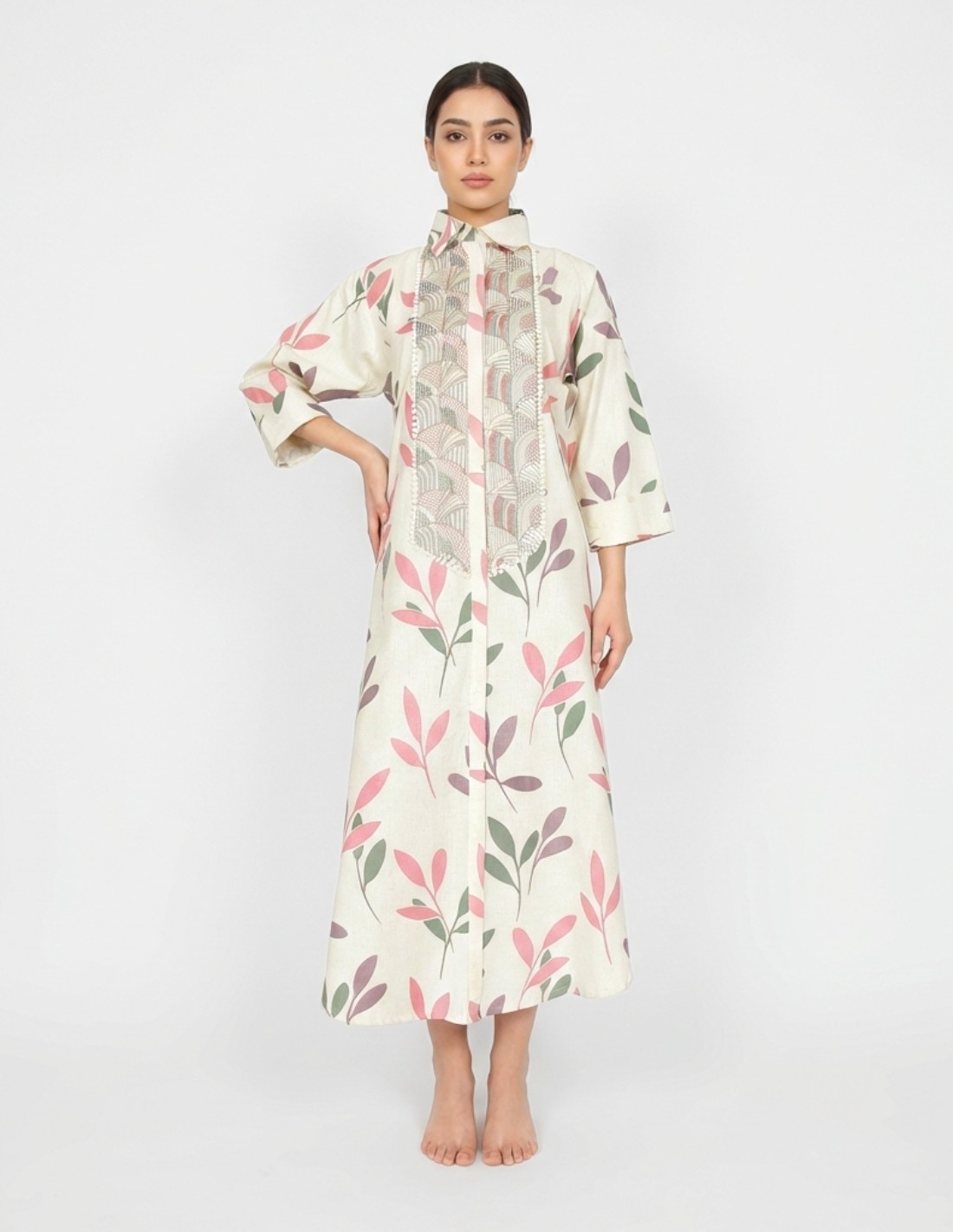 Contemporary Leaf-Print Linen-Look Jalabiya with Intricate Geometric Embroidery