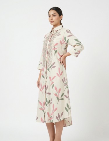 Contemporary Leaf-Print Linen-Look Jalabiya with Intricate Geometric Embroidery