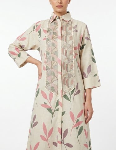 Contemporary Leaf-Print Linen-Look Jalabiya with Intricate Geometric Embroidery