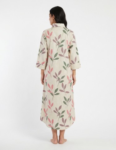 Contemporary Leaf-Print Linen-Look Jalabiya with Intricate Geometric Embroidery