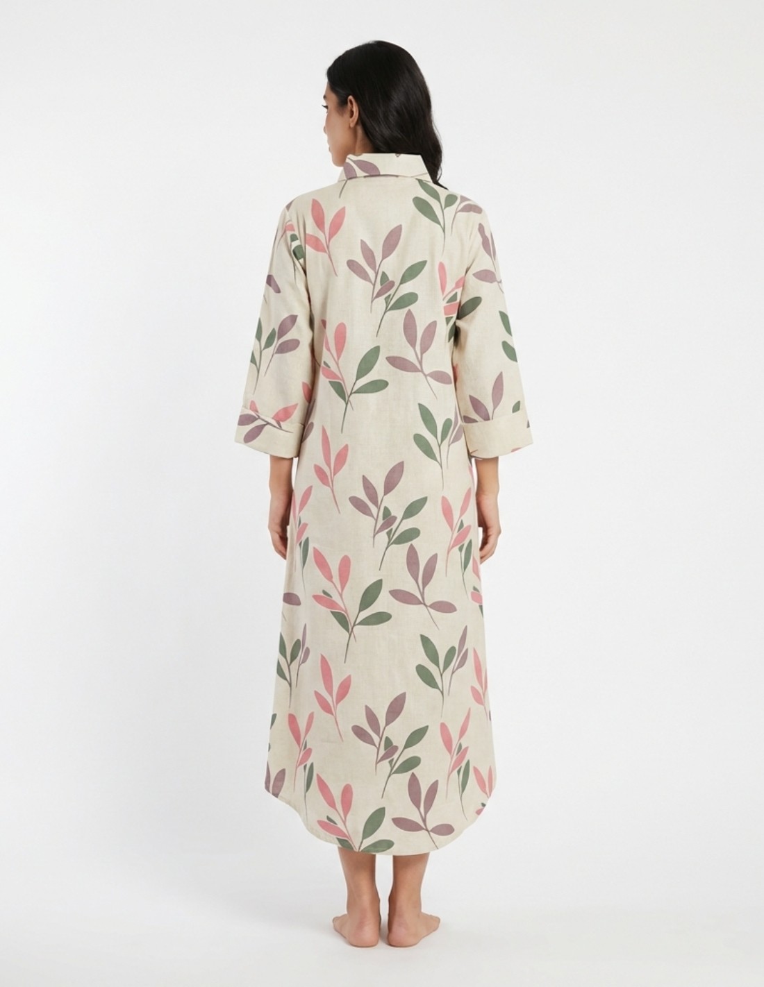 Contemporary Leaf-Print Linen-Look Jalabiya with Intricate Geometric Embroidery