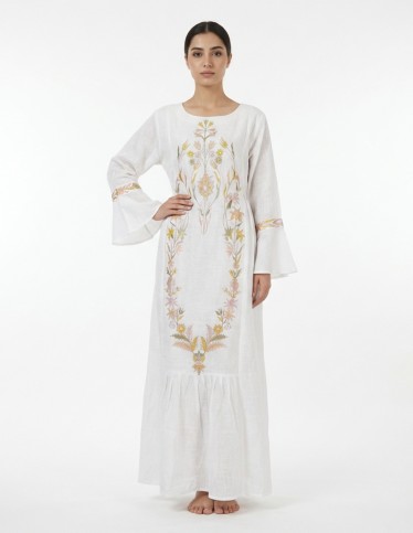 White Linen-Look Jalabiya with Floral Embroidery and Bell Sleeves
