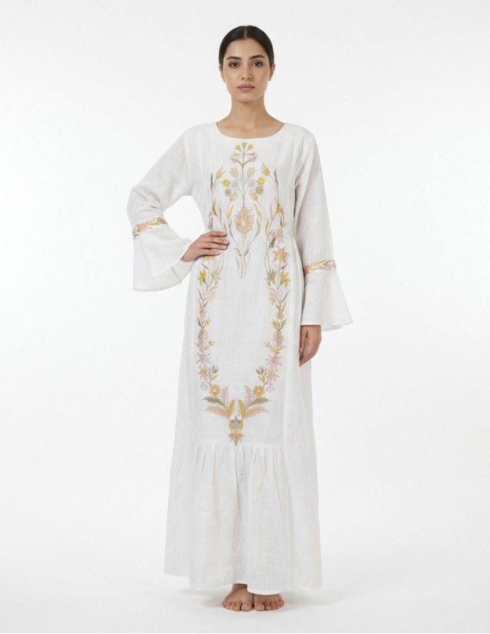 White Linen-Look Jalabiya with Floral Embroidery and Bell Sleeves