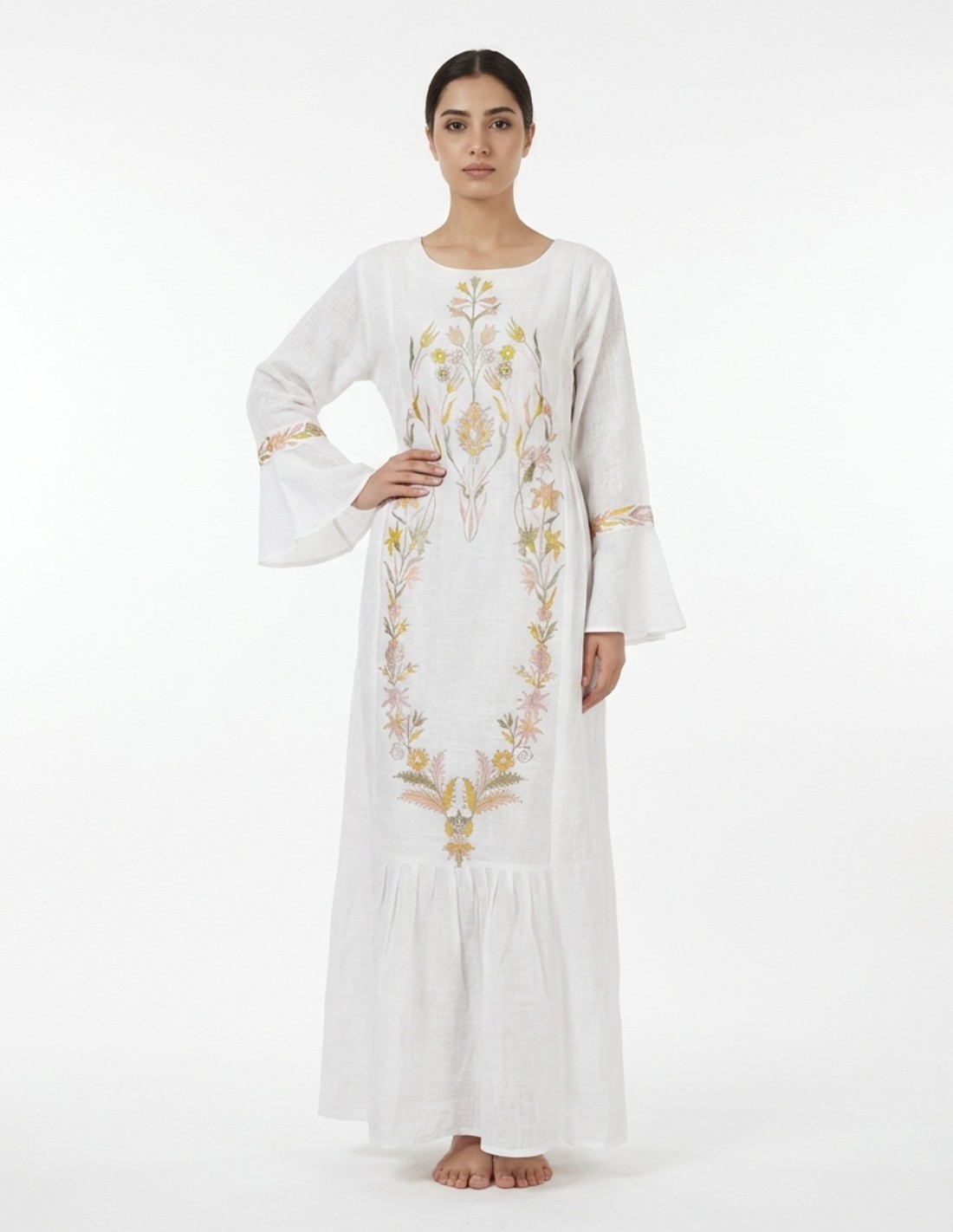 White Linen-Look Jalabiya with Floral Embroidery and Bell Sleeves