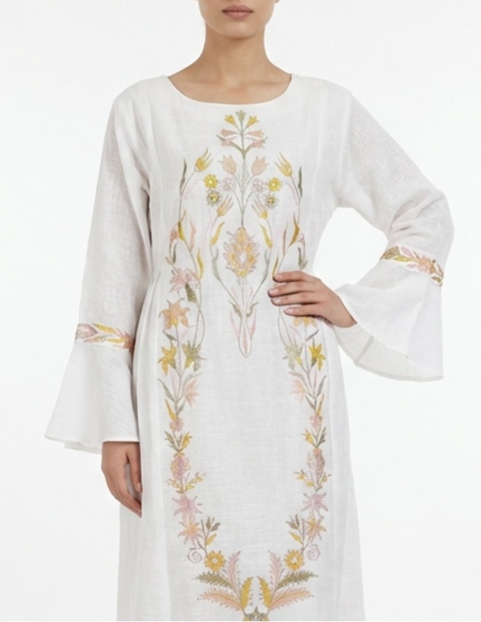 White Linen-Look Jalabiya with Floral Embroidery and Bell Sleeves