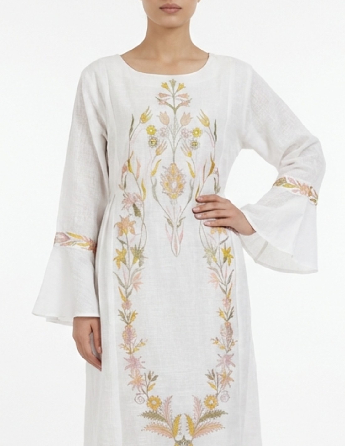 White Linen-Look Jalabiya with Floral Embroidery and Bell Sleeves