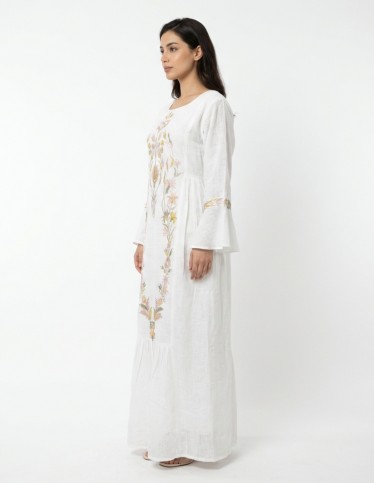 White Linen-Look Jalabiya with Floral Embroidery and Bell Sleeves