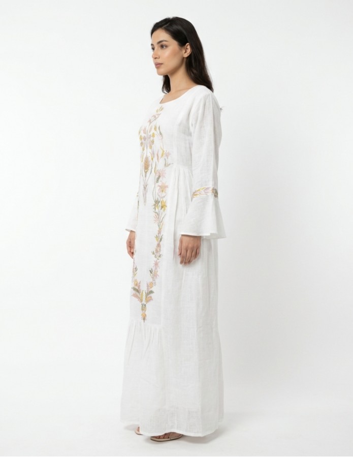 White Linen-Look Jalabiya with Floral Embroidery and Bell Sleeves