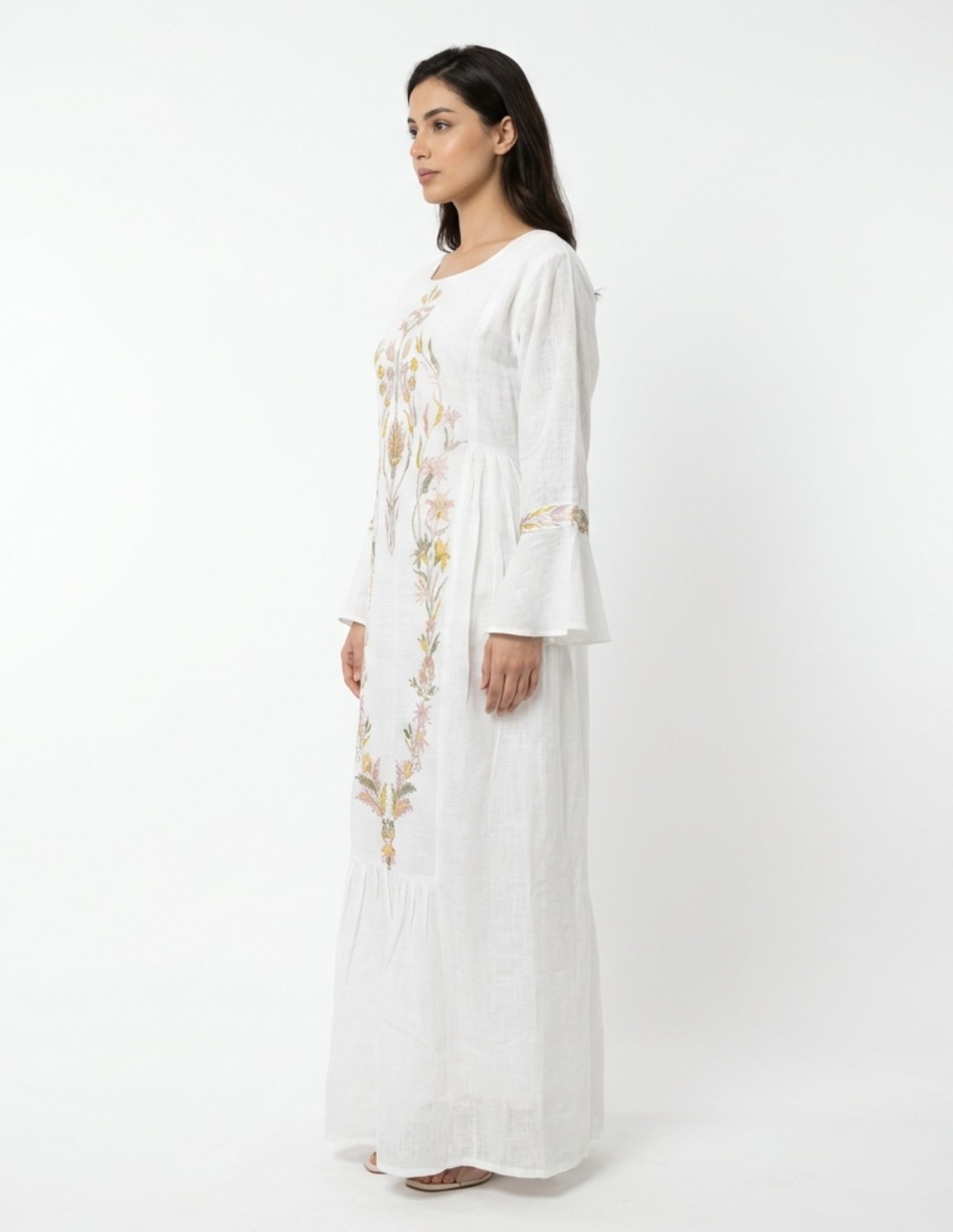 White Linen-Look Jalabiya with Floral Embroidery and Bell Sleeves