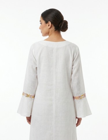 White Linen-Look Jalabiya with Floral Embroidery and Bell Sleeves