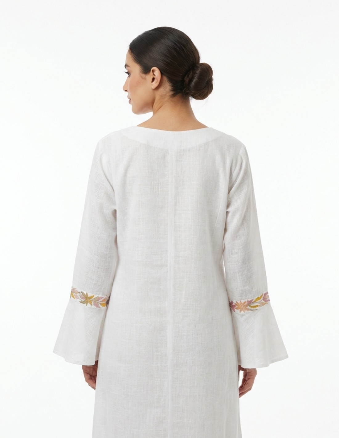 White Linen-Look Jalabiya with Floral Embroidery and Bell Sleeves