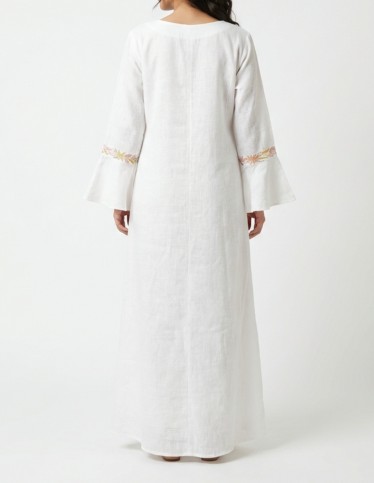 White Linen-Look Jalabiya with Floral Embroidery and Bell Sleeves
