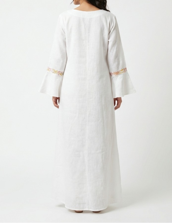 White Linen-Look Jalabiya with Floral Embroidery and Bell Sleeves