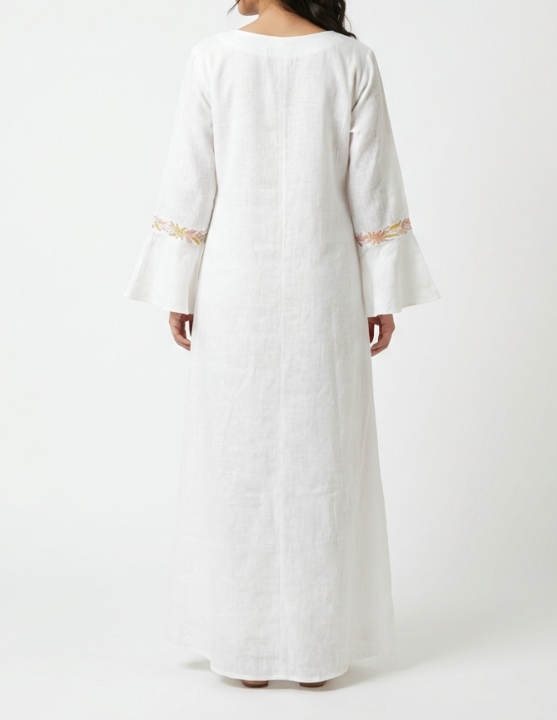 White Linen-Look Jalabiya with Floral Embroidery and Bell Sleeves
