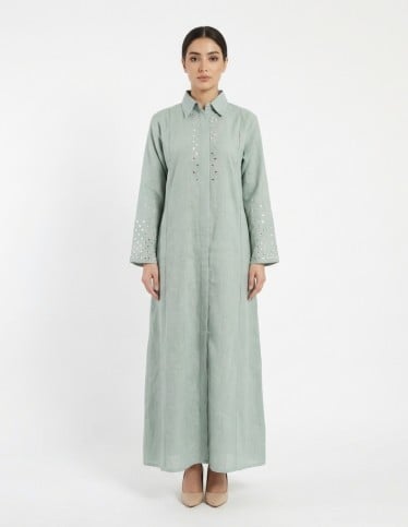 Sage Green Casual Linen Jalabiya with Geometric Mirror Embroidery