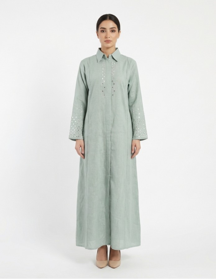 Sage Green Casual Linen Jalabiya with Geometric Mirror Embroidery