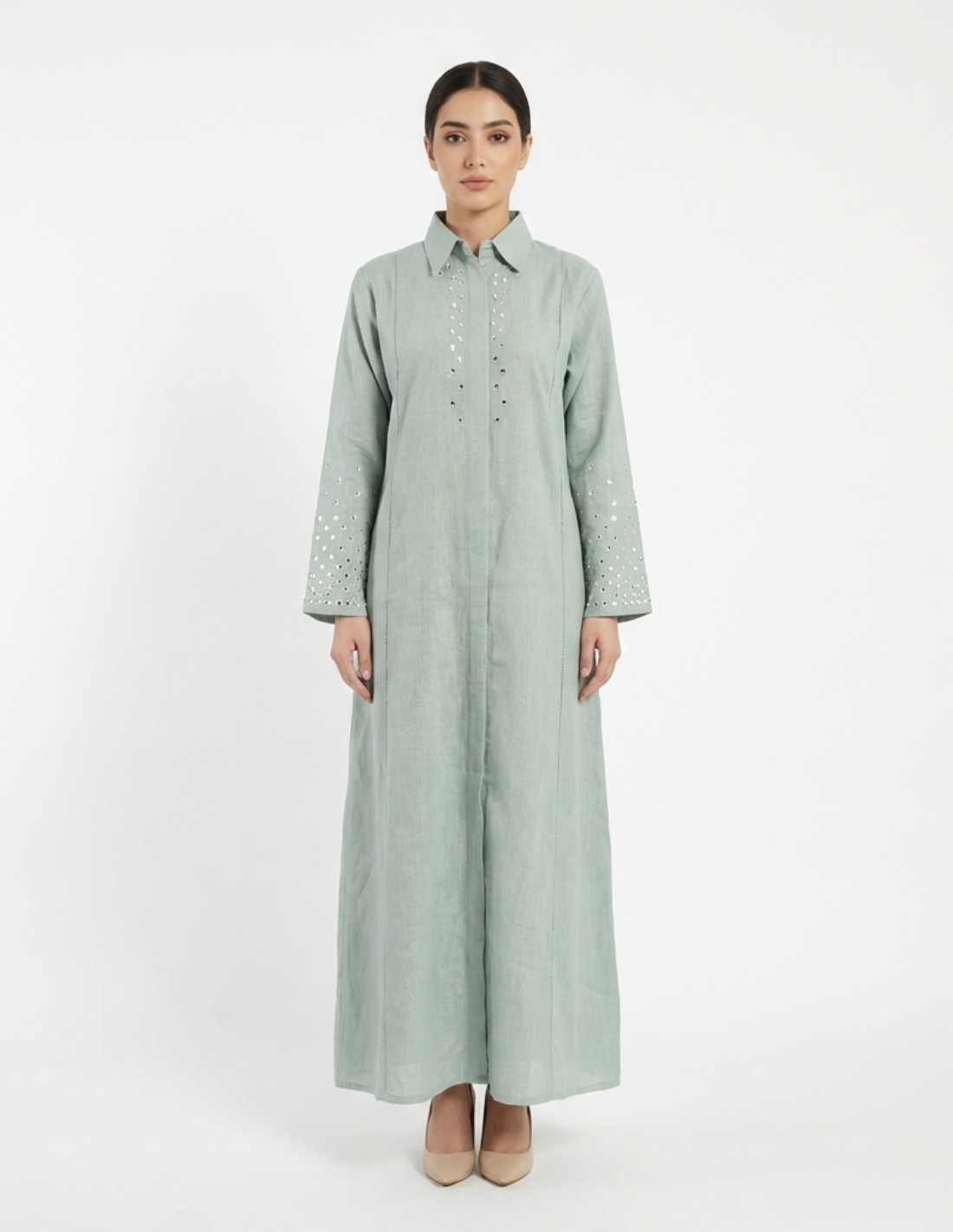 Sage Green Casual Linen Jalabiya with Geometric Mirror Embroidery