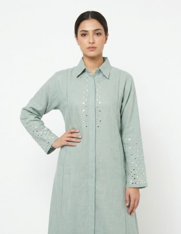 Sage Green Casual Linen Jalabiya with Geometric Mirror Embroidery