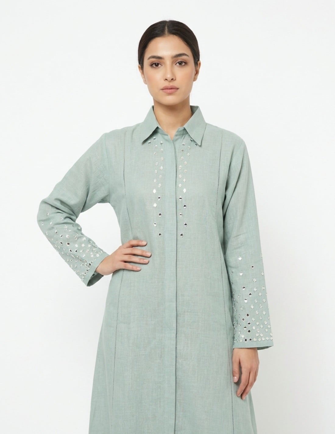 Sage Green Casual Linen Jalabiya with Geometric Mirror Embroidery