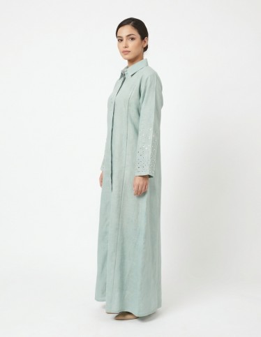 Sage Green Casual Linen Jalabiya with Geometric Mirror Embroidery
