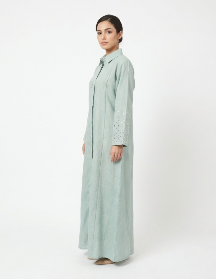 Sage Green Casual Linen Jalabiya with Geometric Mirror Embroidery