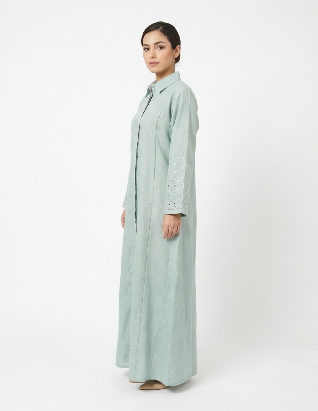 Sage Green Casual Linen Jalabiya with Geometric Mirror Embroidery