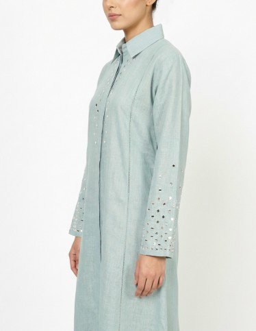 Sage Green Casual Linen Jalabiya with Geometric Mirror Embroidery